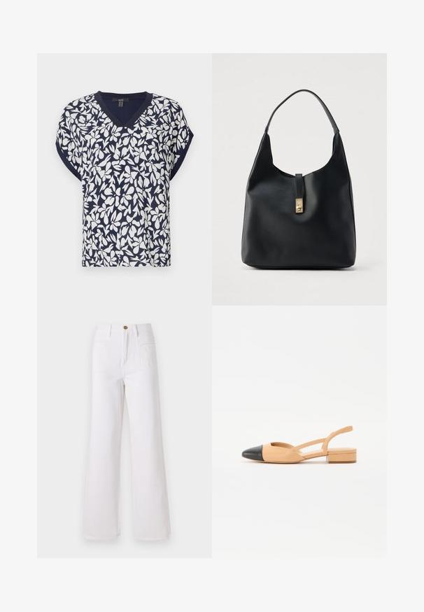Haut bleu marine à col en V avec un motif floral blanc, manches courtes et coupe décontractée. Tissu en mélange de coton avec une légère texture.; Jeans blancs à jambe large en denim, dotés d'une taille haute, d'une fermeture à boutons sur le devant et de deux poches à l'arrière. Texture lisse, détails de couture minimaux.; Chaussure slingback en cuir beige avec un bout pointu noir et un talon bloc plat. Dotée de brides croisées pour un maintien sûr et de côtés ouverts.; Sac hobo en cuir noir à finition texturée, doté d'un fermoir doré et d'une anse incurvée unique pour un port à l'épaule.