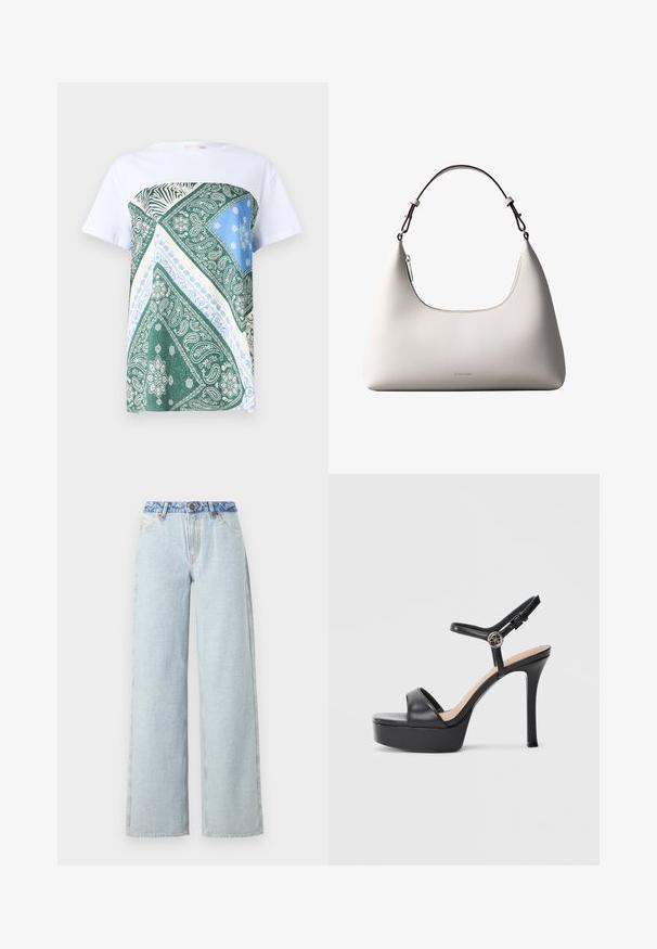 Hvid t-shirt med et panel i grøn, blå og creme, der har paisley-mønstre og zebra-striber på den øverste frontsektion.; Lysblå vid jeans med en falmet vask, med en kontrasterende blå denimlivrem og en traditionel fem-lomme design.; Sorte platformsandaler med høj stiletthæl, der har en glat læderoverdel, peep toe-design og en justerbar ankelrem med metalbeslag.; Cremefarvet skuldertaske i læder fra Calvin Klein med buet topkant, sølvfarvet lynlås og mørkebrun justerbar rem.