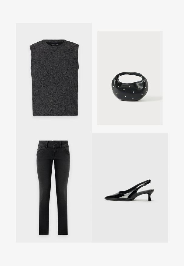 Schwarzes, ärmelloses Oberteil mit einem strukturierten geometrischen Muster, aus einem glitzernden Stoff gefertigt. Verfügt über einen runden Halsausschnitt und eine figurbetonte Silhouette.; Schwarze, enge Jeans aus Denim mit einem Zwei-Knopf-Bund, Fronttaschen und einer glatten, strukturierten Oberfläche. Standardpassform, durchgehendes Design.; Schwarze Lackleder Slingback-Schuhe mit spitzem Zehenbereich und niedrigem Blockabsatz. Verstellbarer Riemen mit Schnalle am Knöchel.; Schwarze Lederhandtasche mit abgerundeter Form, verziert mit silbernen Nietenakzenten und kurzem Griff. Glatte Struktur und Reißverschlussverschluss.