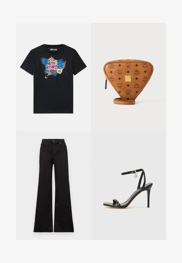 T-shirt en coton noir avec un motif floral et graphique coloré en bleu, or et rose avec le texte "Just Cavalli". Design à col ras du cou.; Jean flare noir en denim avec taille haute, présentant des poches avant et des garnitures métalliques sur le bouton et les rivets.; Sandale à talon haut noire avec une bride étroite à la cheville, bout carré, cuir lisse et accent de boucle métallique.; Sac bandoulière triangulaire en cuir marron avec logos MCM noirs, plaque de marque en métal doré et tirette de fermeture éclair sur fond blanc.