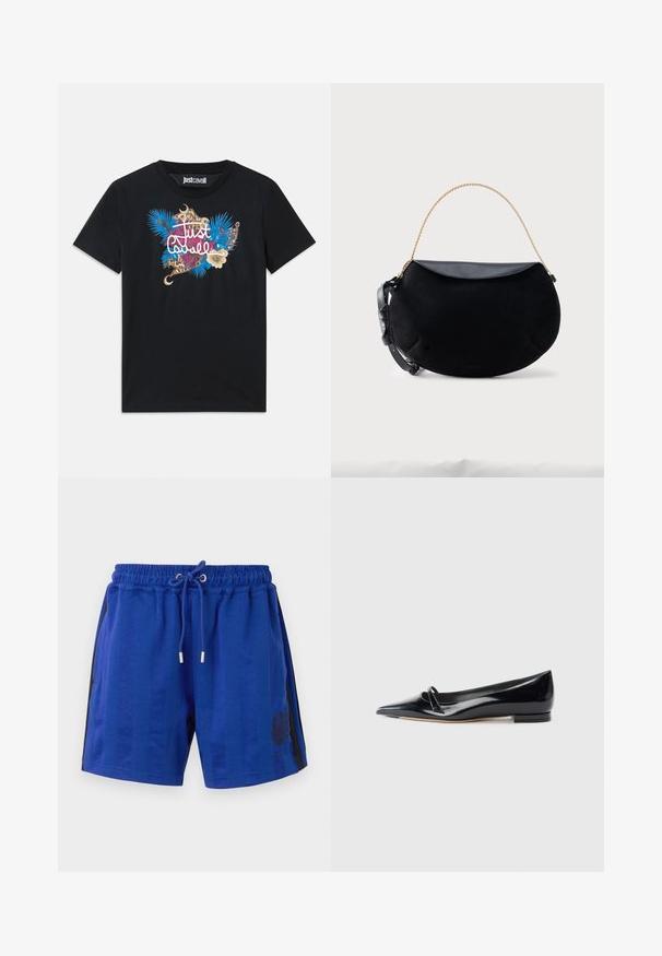 Camiseta de algodón negra con un estampado floral y gráfico colorido en azul, dorado y rosa con el texto "Just Cavalli". Diseño de cuello redondo.; Pantalones cortos deportivos azules con una cintura elástica, cordón, rayas negras laterales y un diseño de heráldica floral. Textura de tela suave.; Zapato plano de charol negro con punta afilada, pequeña tira decorativa y tacón bajo. Textura suave y diseño elegante.; Bolso negro en forma de media luna con solapa de cuero suave, asa de cadena dorada y correa ajustable de cuero negro sobre fondo blanco.