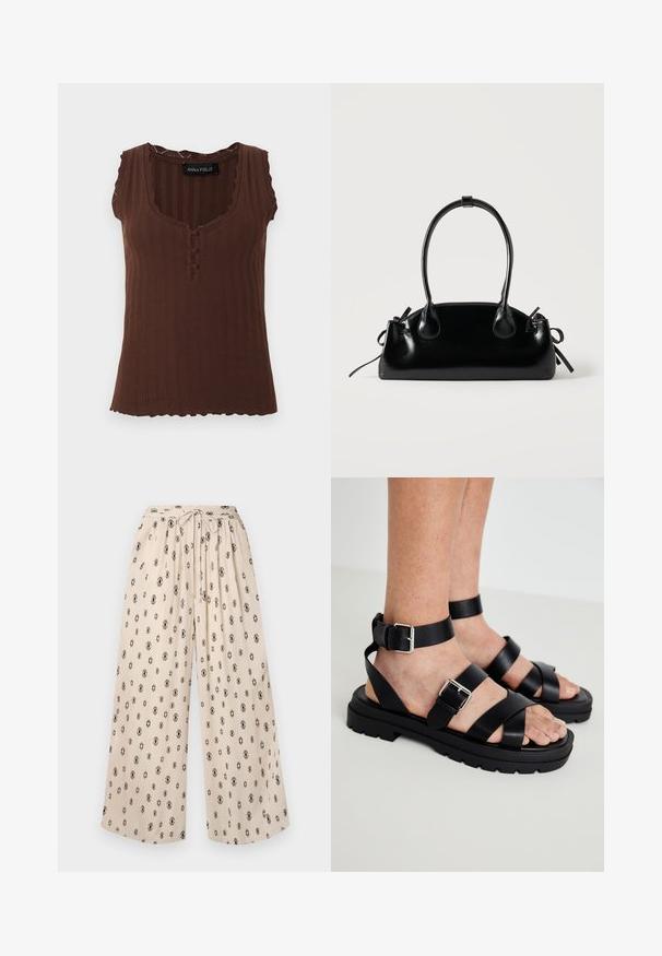 Bruine mouwloze geribde gebreide top met geschulpte randen, drie met stof overtrokken knopen bij de halslijn en een ronde scoopneck.; Beige wijde broek met een strik taille, met een zwart diamanten patroon door het geheel. Gemaakt van lichte stof voor comfort.; Zwarte leren sandalen met brede banden en een enkelgesp. Stevige zool met een getextureerde afwerking. Open teenontwerp voor ademend vermogen.; Kleine zwarte glanzende handtas met twee lange hengsels en zijkant trekkoord details op een effen lichte achtergrond.