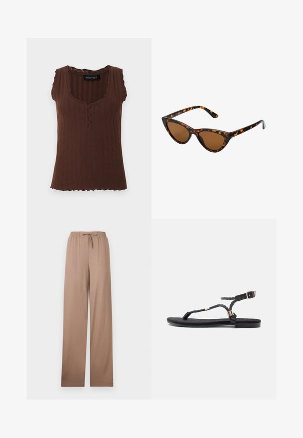 Braunes ärmelloses geripptes Stricktop mit wellenförmigen Rändern, drei mit Stoff überzogenen Knöpfen am Ausschnitt und rundem Ausschnitt.; Beige Hosen mit weitem Bein, elastischem Bund und Kordelzug, aus leichtem Stoff, flach auf weißem Hintergrund liegend dargestellt.; Schwarze flache Sandalen mit geflochtenen Riemen und metallischem Akzent. Verfügt über eine verstellbare Schnalle und eine flache Gummisohle für Komfort.; Katzenaugen-Sonnenbrille mit einem schwarz-orangenen Schildpattrahmen, braunen Gläsern und schlanken, spitzen Enden. Verfügt über ein minimalistisches Logo am Bügel.