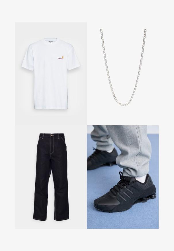 T-shirt en coton blanc à manches courtes. Doté d'un petit logo orange et bordeaux sur la poitrine gauche. Présente un col rond classique.; Jean en denim noir avec une coupe droite, des coutures blanches contrastées, une fermeture à bouton et deux poches avant.; Personne portant des baskets Nike Shox noires et un pantalon de survêtement gris, debout sur un tapis bleu clair.; Collier en argent composé de maillons entrelacés, texture lisse et forme rectangulaire uniforme. Détail du fermoir sécurisé.