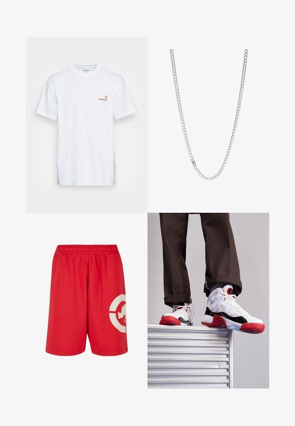 Hvid bomulds t-shirt med korte ærmer. Designet med et lille orange og maroon logo på venstre bryst. Har en klassisk rund hals.; Røde bomuldsshorts med elastisk talje, prydet med et stort hvidt grafisk design på venstre ben og en glat overflade.; Hvide og sorte sportsko med røde detaljer. Har mesh- og lædermaterialer, rund tå og struktureret gummisål.; Sølv kædedesign med sammenkoblede led, glat tekstur og ensartet rektangulær form. Sikker lukning.