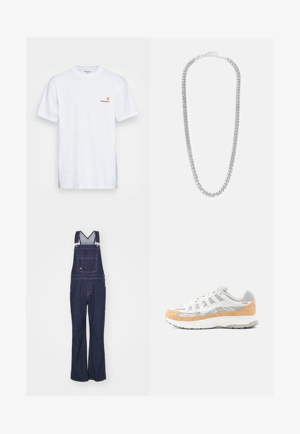 Biala bavlnená tričko s krátkymi rukávmi. Navrhnuté s malým oranžovým a vínovým logom na ľavej strane hrude. Obsahuje klasický crew neck.; Dickies CLASSIC - Džínsy s rovným strihom - rinsed; Biele a sivé tenisky s jemne oranžovými akcentmi, z materiálov sieťoviny a kože, s textúrovanou podrážkou a geometrickým vzorom na stranách.; Strieborný kovový náhrdelník zretiazky s prepojenými článkami, hladkým povrchom a nastaviteľným zapínaním pre prispôsobenie dĺžky.