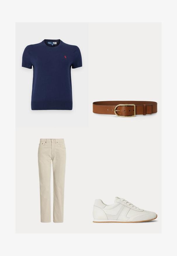 T-shirt en tricot bleu marine à manches courtes avec un col rond et un petit logo rouge sur le côté gauche de la poitrine. Texture lisse, coupe décontractée.; Pantalon en velours côtelé beige droit avec passants de ceinture, bouton à l'avant, fermeture éclair et poches avant.; Baskets basses blanches avec laçage à l'avant, panneaux en daim et cuir, et une semelle en caoutchouc marron clair sur fond blanc.; Ceinture en cuir marron avec une grande boucle ovale dorée et plusieurs trous de réglage présentée sur un fond uni.