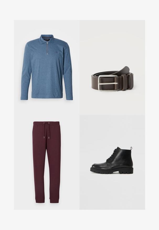 Polo à manches longues en tissu bleu chiné, avec une demi-fermeture éclair, un col et un logo discret sur la poitrine.; Pantalon de survêtement bordeaux en tissu doux, avec une taille élastique à cordon de serrage et des poignets côtelés aux chevilles. Sans poches.; Bottines en cuir noir à bout rond, avec des lacets à l'avant et une semelle en caoutchouc texturée. Comprend une languette à l'arrière pour un enfilage facile.; Ceinture en cuir marron avec une boucle en métal argenté, présentant une texture lisse et un design simple. Comprend une boucle pour l'ajustement et la fixation.