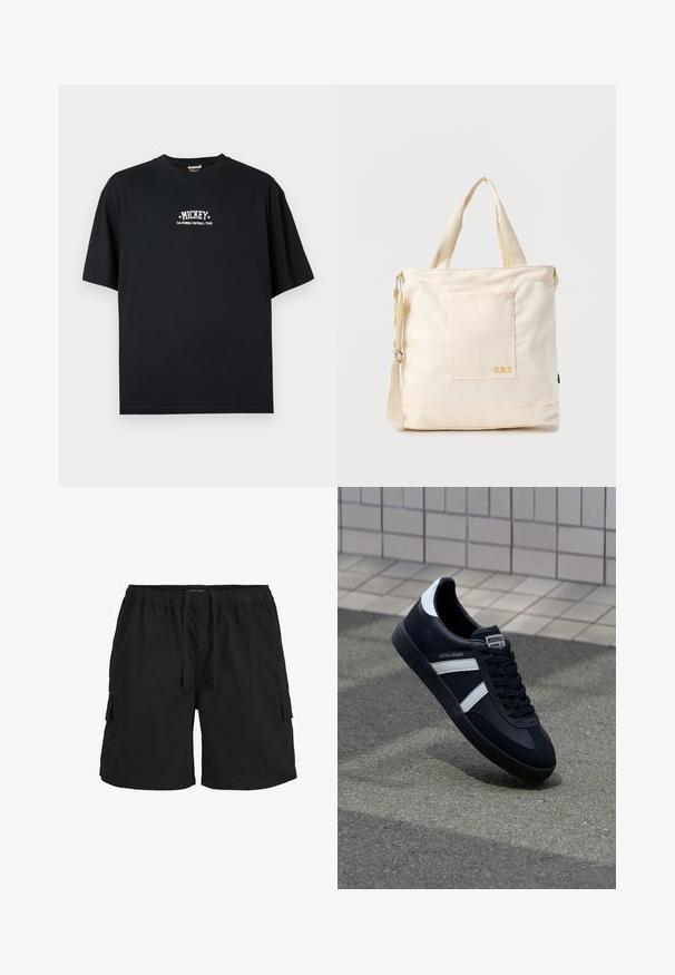 Sort bomuld t-shirt, oversized pasform, med hvid tekst "MICKEY" og "CALIFORNIA FOOTBALL TEAM" trykt på forsiden, rund halsudskæring.; Sorte cargo shorts med elastisk talje, snor, sidelommer og et tekstureret stof. Designet til komfort og funktionalitet.; Sort lædersneaker med hvide striber, tekstureret gummisål og snørrebånd foran. Har et brandet mærke på tungen.; Kremfarvet lærredstote-taske med frontlomme, to håndtag, justerbar skulderrem og lille gul "O.N.S" tekst i nederste højre hjørne af lommen.
