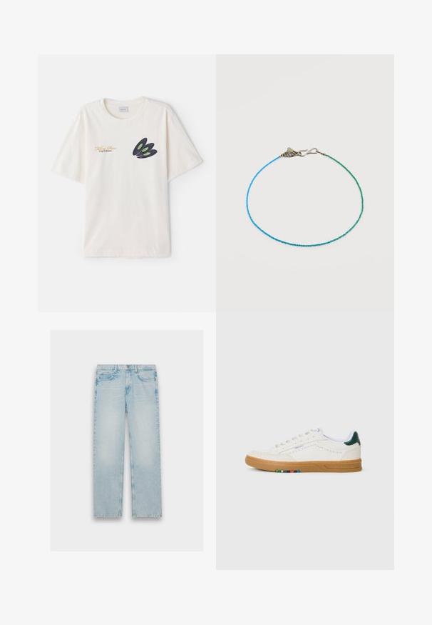 T-shirt en coton crème avec un graphique de disque vinyle noir aux accents verts et texte doré sur le devant. Manches courtes, col rond.; Jeans en denim bleu clair avec un design à jambes droites, un style cinq poches et une finition délavée. La quincaillerie en métal et les détails de couture sont visibles.; Baskets en cuir blanc avec design perforé, semelle en caoutchouc translucide, accent de talon vert et détail à rayures colorées sur le côté.; Bracelet délicat en perles avec de petits perles carrées bleues et vertes et un fermoir à crochet en argent sur fond blanc.