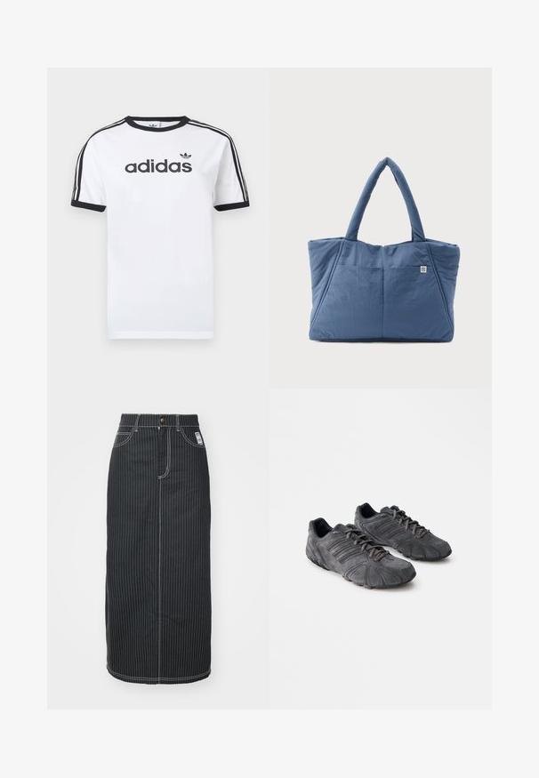 Wit katoenen T-shirt met zwarte accenten, voorzien van een ronde hals, korte mouwen, drie zwarte strepen op de schouders en het "adidas"-logo in het zwart.; Zwarte denim midi-rok met witte verticale strepen. Heeft een knoop taille, twee voorzakken en contrasterende stiksels. Rechte snit.; Zwarte suède sportschoenen met een textuur, gebogen ontwerp en rubberen zolen. Voorzien van veters en horizontale strepen aan de zijkanten.; Blauwe, gewatteerde stoffen tas met twee handvatten, grote rechthoekige vorm, met een voorvak en logodetail aan de zijkant.