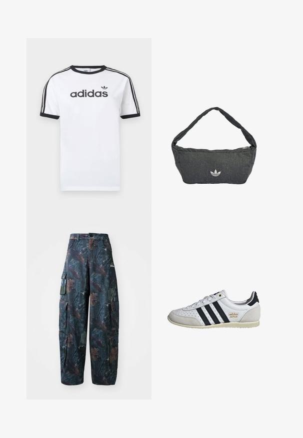 Weißes Baumwoll-T-Shirt mit schwarzen Akzenten, verfügt über einen Rundhalsausschnitt, kurze Ärmel, drei schwarze Streifen auf den Schultern und das "adidas"-Logo in Schwarz.; Tarnfarben Cargo-Hosen in Dunkelgrün und Braun, mit mehreren Taschen und lockerer Passform, aus leichtem, strapazierfähigem Stoff.; Weiße Sneaker mit schwarzen Streifen und goldener Markenkennzeichnung. Verfügt über Materialien aus Wildleder und Leder, ein durchlässiges Obermaterial und eine strukturierte Gummisohle.; Dunkelgraue Schultertasche aus strukturiertem Stoff, mit Reißverschluss und einem aufgestickten Logo auf der Vorderseite. Langer, geschwungener Schulterriemen.