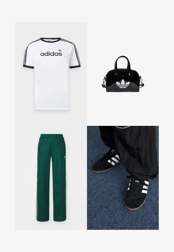 Biele bavlnené tričko s čiernymi akcentmi, so zapínaním okolo krku, krátkymi rukávmi, tromi čiernymi pruhmi na ramenách a čiernym logom „adidas“.; Tmavohnedé športové nohavice s voľným strihom, s nastaviteľným pásom na šnúrku, postrannými vreckami a smotanovými pruhmi po stranách.; Čierne roháčiky z semišu so tromi bielymi pruhmi a čiernymi šnúrkami. Texturované čierne nohavice sú čiastočne viditeľné vedľa topánok.; Čierna lakovaná kožená kabelka s okrúhlym tvarom, dvojitými hornými rúčkami, striebornými akcentmi a výrazným bielym logom na prednej strane.