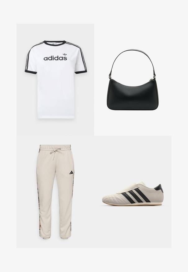 Valkoinen puuvillainen t-paita, jossa mustat yksityiskohdat, kuten pyöreä kaulus, lyhyet hihat, kolme mustaa raitaa olkapäillä ja musta "adidas"-logo.; Hupparusikka vaaleanbeige, pehmeästä kankaasta valmistettu, jossa on naru vyötäröllä ja mustat sivupaneelit, joissa on leopardikuosis. ; Vaaleanharmaat lenkkarit mustilla raidoilla, pyöreä kärki, sileä nahkapinta, tarranauha suljenta ja kumipohja.; Mustat nahkaolkalaukku, jossa on kaareva muoto, yksittäinen litteä hihna ja yläosan vetoketjukiinnitys. Tasainen pinta, jossa on minimaalinen metalliosien määrä.