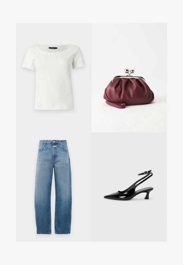 Haut blanc en coton à manches courtes pour femmes avec un large col rond sur un fond clair uni.; Jean en denim bleu clair, taille haute, avec une coupe droite. Présente un design classique à cinq poches et une fermeture à bouton en métal.; Escarpins à brides arrière en cuir verni noir, à bout pointu, avec un petit talon carré et une sangle de cheville ajustable dotée d'une boucle dorée.; Petit sac pochette en cuir bordeaux avec fermoir métallique argenté et bracelet sur fond blanc.
