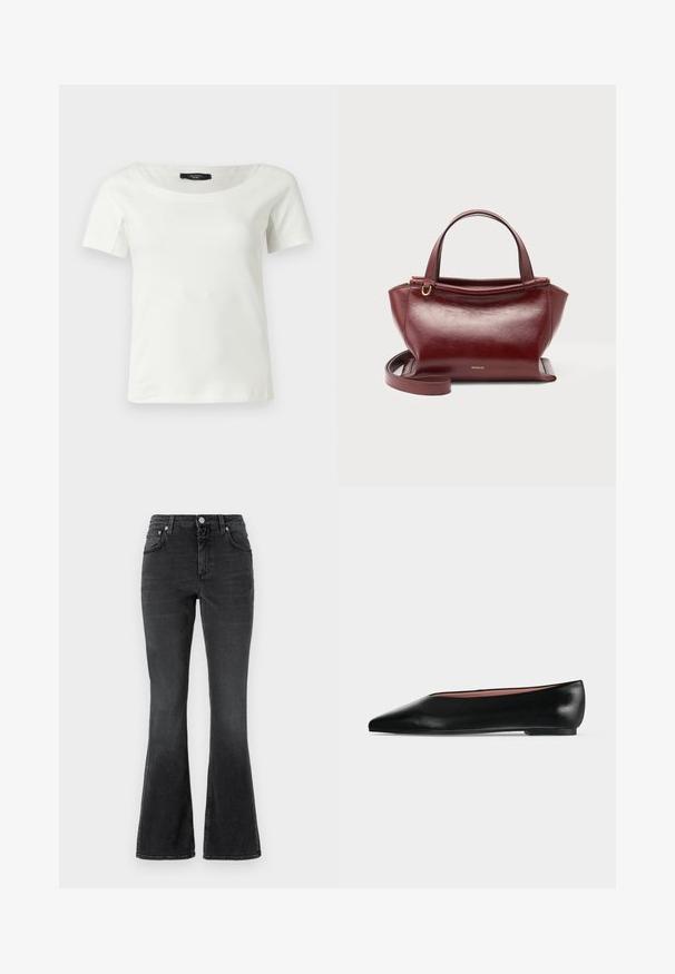 Witte katoenen dames top met korte mouwen en een brede ronde halslijn op een effen lichte achtergrond.; CLOSED JOVANNA - Slim fit jeans - dark grey; Zwarte leren damesschoen met platte zool, puntige neus en lage hak, zijwaarts afgebeeld tegen een effen lichtgrijze achtergrond.; Donkerrode leren handtas met dubbele bovenhandvatten, afneembare schouderriem, goudkleurige hardware en merknaam Wandler vooraan in het midden.