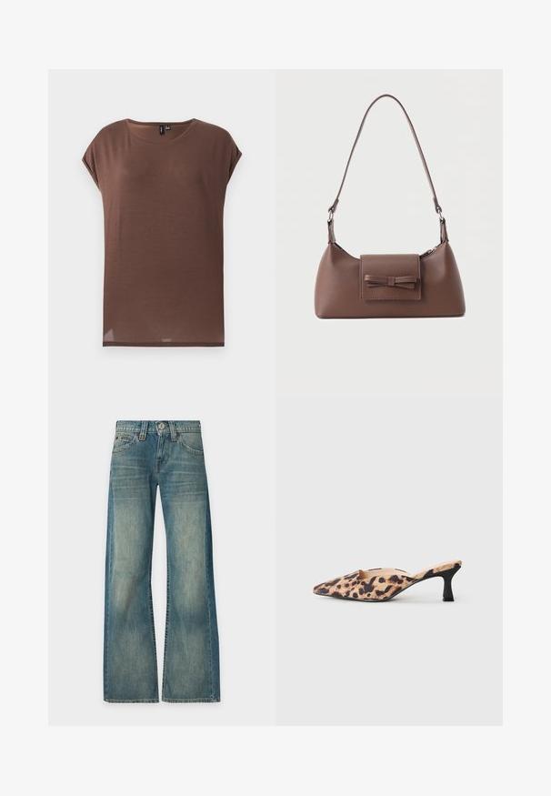 Brun kortærmet top lavet af et blødt, let materiale. Den har en rund halsudskæring og en afslappet pasform med en lige kant.; Blå denimjeans med falmet vask, høj talje, brede ben, frontknap og lynlås samt fem lommer, vist mod en ensfarvet baggrund.; Spidse mule-sko med leopardprintet overdel og lav sort kitten-hæl på en lys baggrund.; Brun skuldertaske i læder med en frontlomme med klap, der har en sydd sløjfedetalje, og en justerbar rem.