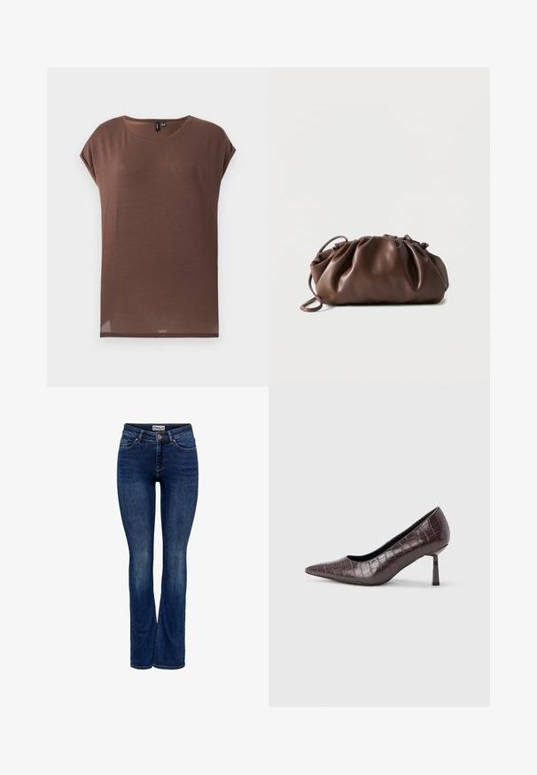 Brun kortærmet top lavet af et blødt, let materiale. Den har en rund halsudskæring og en afslappet pasform med en lige kant.; Mørkeblå denim jeans med let falming, fem-pockets design, knaplukning og bootcut benstil, mærket "ONLY" på linningen.; Brune kunstlæder stiletter med spidse tæer og krokodilletekstur, der har en slank, vinklet hæl og en glat inderside.; Blød brun læderpung med samlet top og tynd strop, hvilende på hvid baggrund.