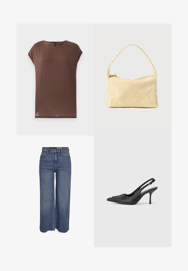 Brun kortærmet top lavet af et blødt, let materiale. Den har en rund halsudskæring og en afslappet pasform med en lige kant.; Blå bred ben jeans med høj talje, frontknap, lynlås, fem lommer og frynset kant.; Sorte læder slingback stiletto med spids tå, side spændebånd, nitter langs kanten og dekorativ snøring foran.; Lille beige læderhåndtaske med en enkelt rem og sølvnitter langs kanterne og remmen, sat mod en ensfarvet baggrund.
