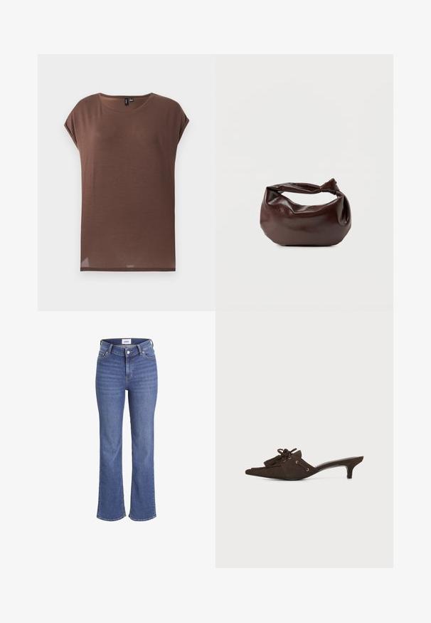 Brun kortærmet top lavet af et blødt, let materiale. Den har en rund halsudskæring og en afslappet pasform med en lige kant.; Mørkeblå jeans i denim med høj talje, brede ben og et traditionelt fem-lomme design. Har synlig syning og lukning med en frontknap.; Mørkebrun ruskindspunktet mule med lav kittenhæl, dekorative kvaster og blonderdetalje på hvid baggrund.; Mørkebrun læder skuldertaske med en blød, afslappet form og et snoet knudehåndtag på en ensartet hvid baggrund.