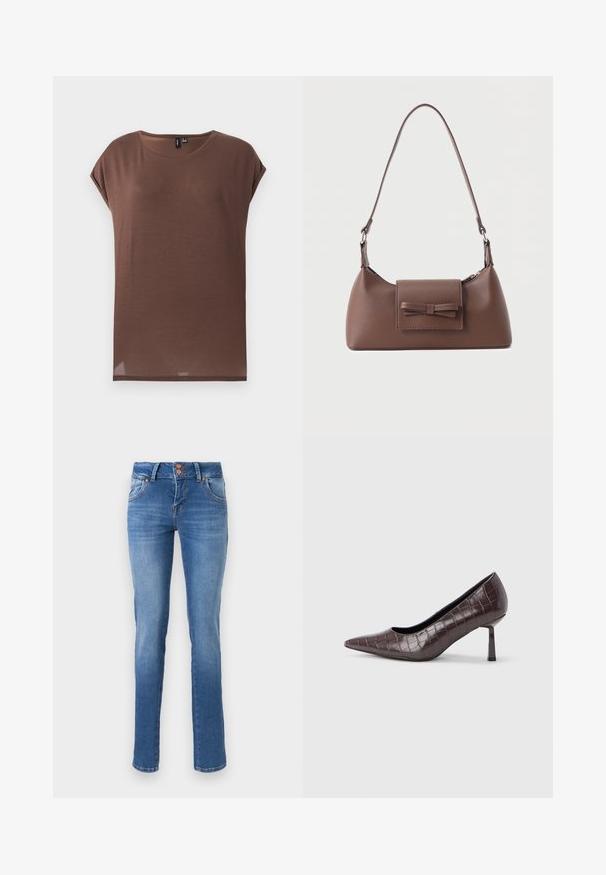 Haut marron à manches courtes en tissu doux et léger. Il présente un col rond et une coupe décontractée avec un ourlet droit.; Jean slim en denim bleu avec deux poches avant, passants pour ceinture et fermeture à double bouton sur fond blanc.; Escarpins à bout pointu en similicuir marron avec une texture crocodile, dotés d’un talon fin et angulaire ainsi que d’une doublure intérieure lisse.; Sac à bandoulière en cuir marron avec une poche à rabat avant ornée d'un détail en forme de nœud cousu et une sangle réglable.