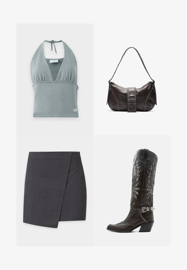 Crop top à col halter en gris doux, fabriqué en tissu doux, avec un bustier froncé, des détails en maille et une petite étiquette logo en bas.; Mini-jupe grise foncée style portefeuille avec des lignes épurées et un subtil détail de chevauchement latéral.; Botte de cowboy en cuir noir avec découpes décoratives, boucle argentée et talon incliné, présentée sur fond blanc.; Sac à épaule en cuir marron avec une forme courbée, présentant un détail de boucle proéminent, des coutures contrastantes et une seule bandoulière.