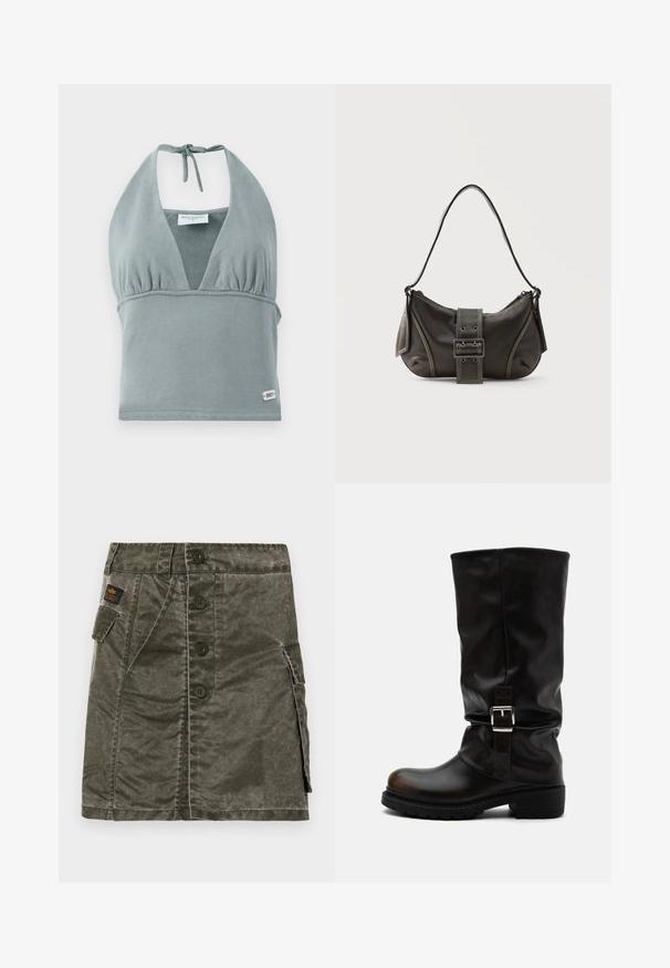 Halter krčný crop top v tlmených šedých farbách, vyrobený z mäkkej tkaniny, s naškrobeným dekoltom, sieťkovými detailami a malou logo nášivkou na leme.; Sukňa olivovej zelenej farby, s predným zapínaním na gombíky, vyrobená z textilného materiálu, s bočnou kapsou a švy. Štandardný strih, dĺžka po kolená.; Vysoká čierna kožená čižma s zaoblenou špičkou, nízkym podpätkom, bočným remienkom s prackou a mierne zmäkčeným shaftom na bielom pozadí.; Čierna kožená kabelka cez rameno s detailom prackového popruhu, zaoblenými okrajmi a kontrastným bielym prešívaním na jednoduchom pozadí.