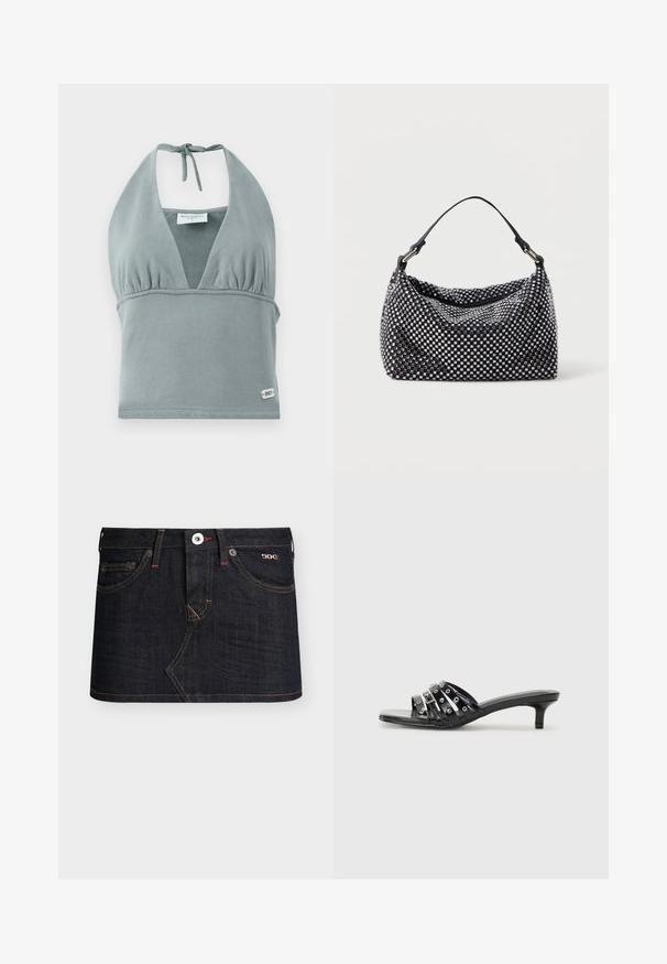 Το μπλουζάκι crop top με λαιμόκοψη halter σε ήσυχο γκρίζο χρώμα, φτιαγμένο από μαλακό ύφασμα, διαθέτει συγκεντρωμένη περιοχή στο στήθος, λεπτομέρειες από δίχτυ και μια μικρή ετικέτα με λογότυπο στο τελείωμα.; Σκούρα μίνι φούστα από τζιν με κουμπιά μπροστά, φερμουάρ, θηλιές για ζώνη και δύο μπροστινές τσέπες, με αντίθετες ραφές και λογότυπο BDG στην δεξιά τσέπη.; Μαύρες ψηλές σανδάλες με πολλές γυαλιστερές λωρίδες και μεταλλικές λεπτομέρειες, με μυτερή μύτη και ταπεινές γατούλες. Λαμπερή υφή.; Μαύρη και ασημί τσάντα χειρός με υφαντή, υφασματική επιφάνεια που διαθέτει τετράγωνα σχέδια, μία ενιαία λαβή στην κορυφή και χαλαρή σχεδίαση.