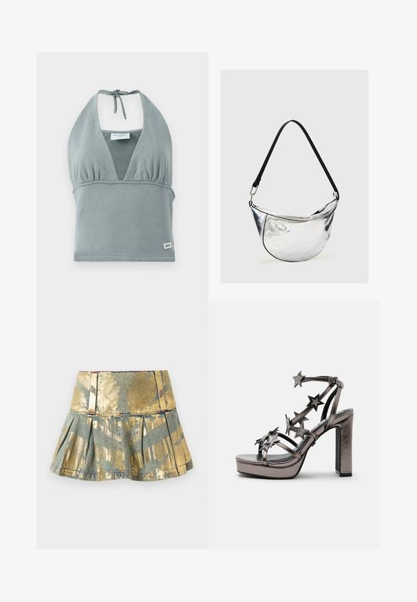 Halter-neck crop top i dæmpet grå, lavet af blødt stof, med en sammensunket buste, mesh-detaljer og et lille logo mærke ved kanten.; Gul og teal plisseret denimnederdel med en blank overflade, der har en tætsiddende talje og kontrasterende syninger.; Metallisk højhælet sandal med plateau sål og flere remme dekoreret med stjerneformede pynt og ankelspænde.; Sølvfarvet metallisk skuldertaske i halvmåneform med sort justerbar rem og lynlås lukning på ensartet lys baggrund.