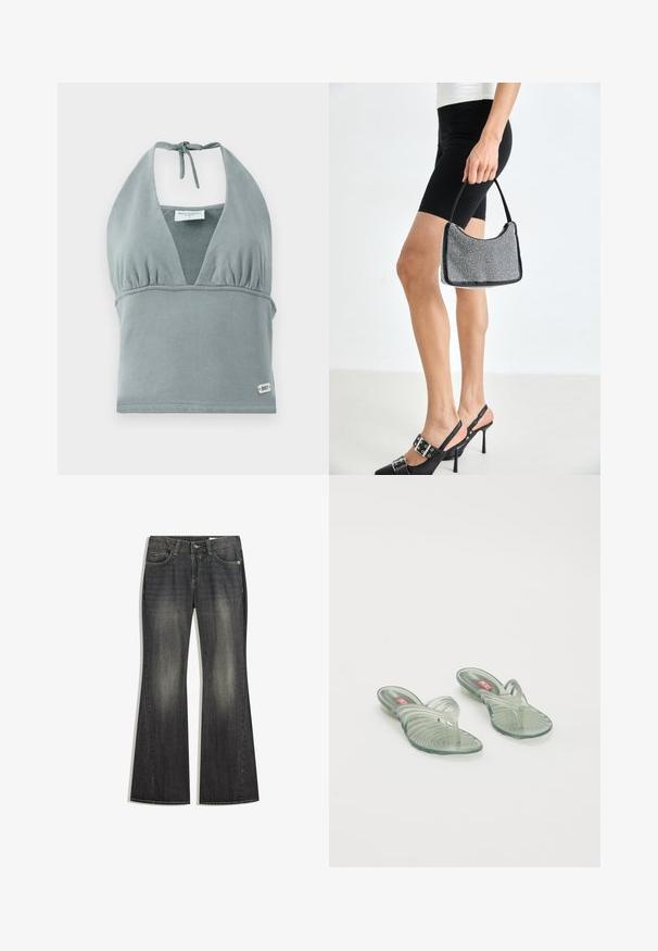 Halter krčný crop top v tlmených šedých farbách, vyrobený z mäkkej tkaniny, s naškrobeným dekoltom, sieťkovými detailami a malou logo nášivkou na leme.; Rozšírené tmavomodré rifle s jemným analizovaním, piatimi vreckami a kontrastným prešívaním, so štandardným zapínaním na gombík a zips.; Priehľadné plastové sandále s vlnitým dizajnom, s pásikom medzi prstami a so vzorovanou podrážkou. Farby zahŕňajú svetlozelené a priehľadné odtiene.; Čierna korálková kabelka s zakriveným siluetom, nosnou rukoväťou a lesklou textúrou. Nosená s vysokými čiernymi topánkami na opätku a priliehavými čiernymi šortkami.