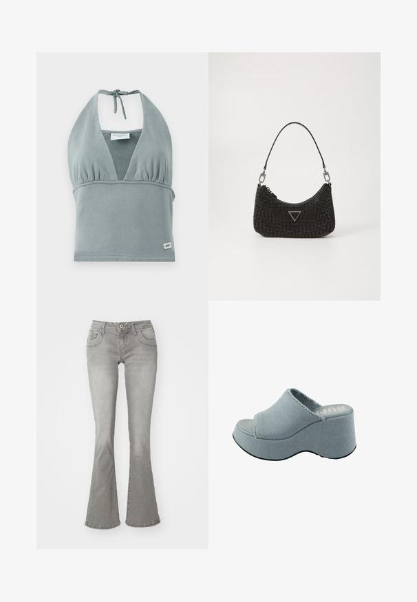 Halterneck-Crop-Top in gedämpftem Grau, aus weichem Stoff gefertigt, mit gerafftem Bustier, Netzelementen und einem kleinen Logotag am Saum.; Graue Schlagjeans mit mittelhoher Taille, Fronttaschen und Knopfverschluss, aus Denimstoff mit glatter Textur.; Helleblaue Plattform-Sandale mit ausgefranstem Obermaterial, offenem Zehendesign, dicker, gerundeter Sohle und strukturiertem grauem Laufsohlen.; Schwarze Perlenhandtasche mit geschwungener Form, ausgestattet mit einem einzigen Ledertragegurt, dreieckigem Logodesign und Reißverschluss.