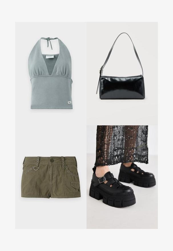 Halter-neck crop top i dæmpet grå, lavet af blødt stof, med en sammensunket buste, mesh-detaljer og et lille logo mærke ved kanten.; Olivengrønne shorts lavet af et letvægtsstof, med en talje med metalaccenter og sidelommer. Struktureret overflade med stikningsdetaljer.; Sorte platform sandaler med et chunky design, der har brede stropper og en sidelås. Fremstillet af tekstureret gummi med et logodetalje.; Sort rektangulær skuldertaske med en enkelt justerbar rem og lynlås i toppen på en ensfarvet baggrund.