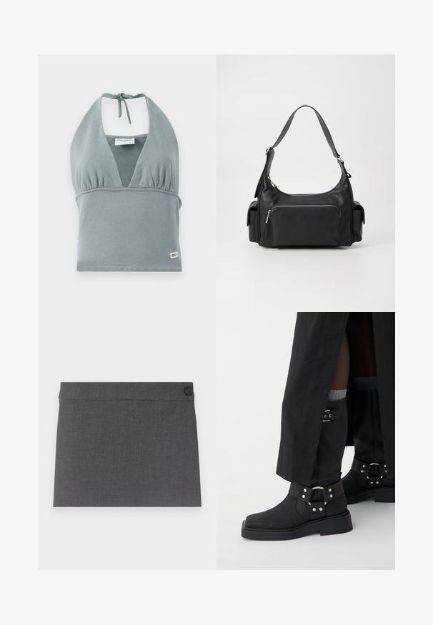 Halter krčný crop top v tlmených šedých farbách, vyrobený z mäkkej tkaniny, s naškrobeným dekoltom, sieťkovými detailami a malou logo nášivkou na leme.; Sivá sukňa z látky s hladkou textúrou, rovný strih a jediný čierny gombík na páse, s čistým a jednoduchým estetickým vzhľadom.; Čierne členkové topánky vyrobené z kože s matným povrchom, so štvorcovou špičkou a dekoratívnymi prackami. Podrážka je robustná a textúrovaná.; Čierna kožená taška cez plece s okrúhlym tvarom, prednou vreckom na zips a dvojitými bočnými vreckami. Obsahuje jedno nastaviteľné ramenné popruhy.