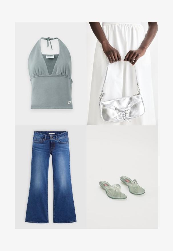 Halternek crop top in gedempt grijs, gemaakt van zachte stof, met een geplooid decolleté, mesh details en een klein logo label aan de onderkant.; Uitgebreide blauwe jeans van denim, met een klassiek vijf-pocket ontwerp, lichte wassing en contrasterende stiksels langs de naden.; Transparante jelly sandalen met een golfvormig ontwerp, voorzien van een tussenstuk en een gegroefd zoolpatroon. Kleuren zijn onder andere lichtgroen en transparante tinten.; Zilveren metalen handtas met vetersluiting, met een strak ontwerp en een korte schouderriem. De tas wordt vastgehouden in de handen, waardoor de textuur goed tot zijn recht komt.