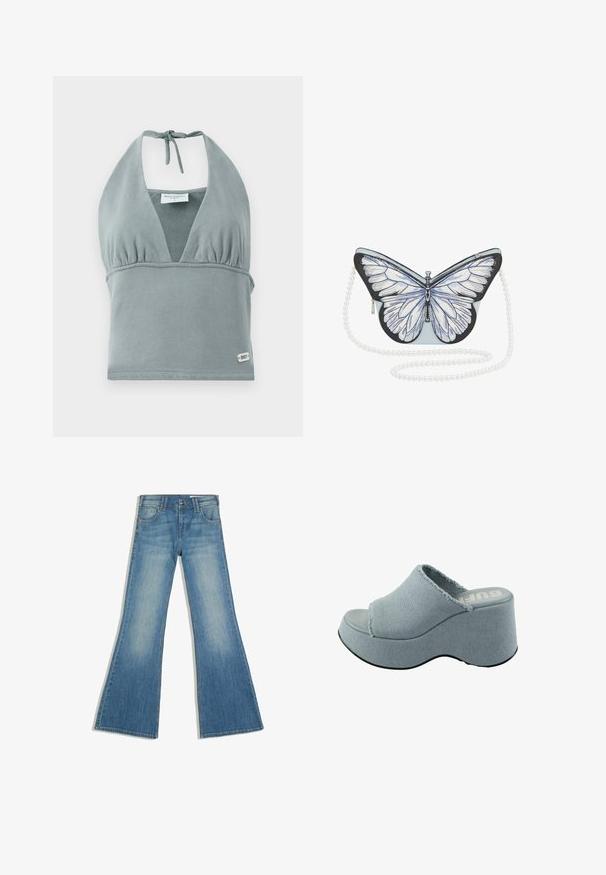 Halter krčný crop top v tlmených šedých farbách, vyrobený z mäkkej tkaniny, s naškrobeným dekoltom, sieťkovými detailami a malou logo nášivkou na leme.; Modré denimové džínsy s rozšíreným lemom, prednými vreckami a zapínaním na gombíky, zobrazené na bielom pozadí.; Svetlomodré platformové šľapky so zfrkanou textíliou, otvorenou špičkou, hrubou okrúhlou podrážkou a textúrovanou šedou podrážkou.; Kabelka v tvare motýľa so svetlomodrým telom, detailnými bielymi krídlami, čiernymi akcentmi a perlovo vyzerajúcim reťazovým popruhom. Zipsové uzatváranie na boku.