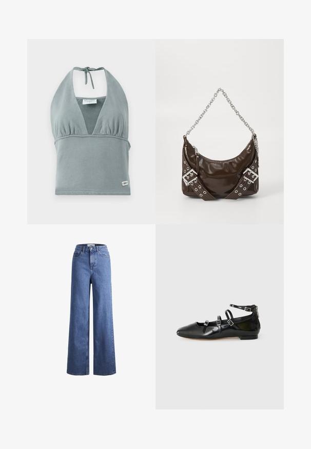 Halter-neck crop top i dæmpet grå, lavet af blødt stof, med en sammensunket buste, mesh-detaljer og et lille logo mærke ved kanten.; Lyseblå denim brede bukser med høj talje, to frontlommer og synlige stikninger. Har en knap- og lynlåslukning.; ALDO NELTA - Ballerinasko - black; Mørkebrunt patentlæder håndtaske med sølv kæderekke, dekorerede dobbelte spænder og lynlås lukning.