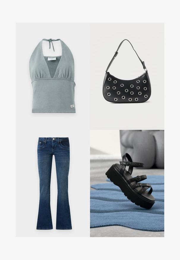 Crop top à col halter en gris doux, fabriqué en tissu doux, avec un bustier froncé, des détails en maille et une petite étiquette logo en bas.; Jean bootcut en denim bleu avec poches avant et fermeture par bouton, présenté sur un fond gris clair uni.; Sandale plateforme noire avec trois brides réglables à boucle, posée sur un tapis bleu texturé avec un arrière-plan flou.; Sac d'épaule en cuir noir avec bandoulière réglable, orné d'œillets en métal argenté et fermeture éclair supérieure.