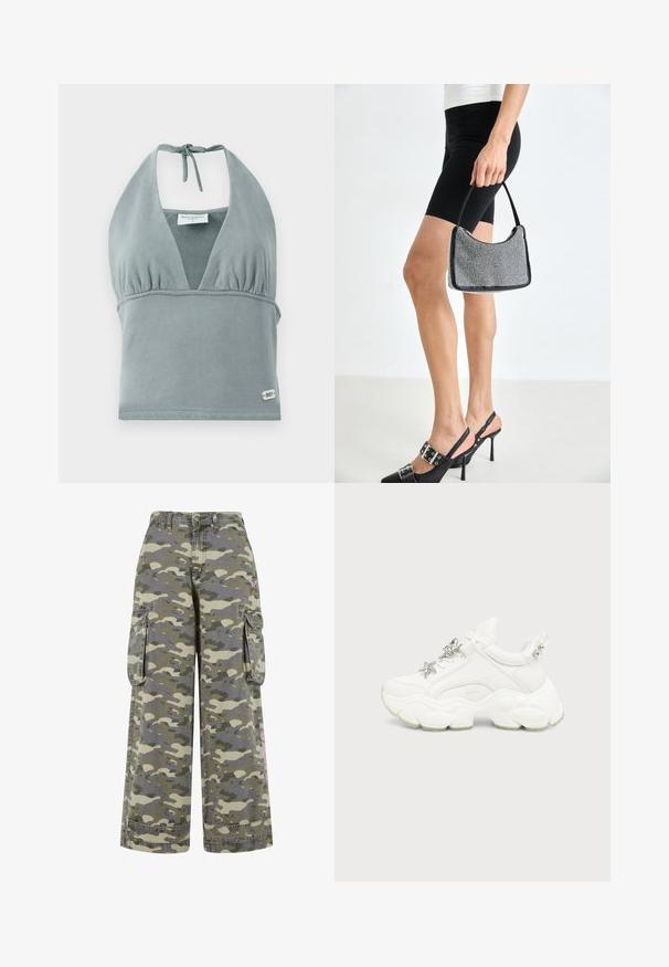 Top corto con cuello halter en gris apagado, hecho de tela suave, con un busto fruncido, detalles de malla y una pequeña etiqueta de logo en el dobladillo.; Pantalones cargo en un patrón de camuflaje verde y beige, con un corte holgado, dos bolsillos laterales y un detalle en rosa en la pierna.; Zapatilla blanca gruesa con suela gruesa texturizada, estrella plateada y decoraciones de mariposa en los cordones blancos, y tachuelas plateadas en la lengüeta del talón.; Bolso de cuentas negras con una silueta curva, asa de transporte y textura brillante. Llevado con zapatos de tacón altos negros y pantalones cortos negros ajustados.