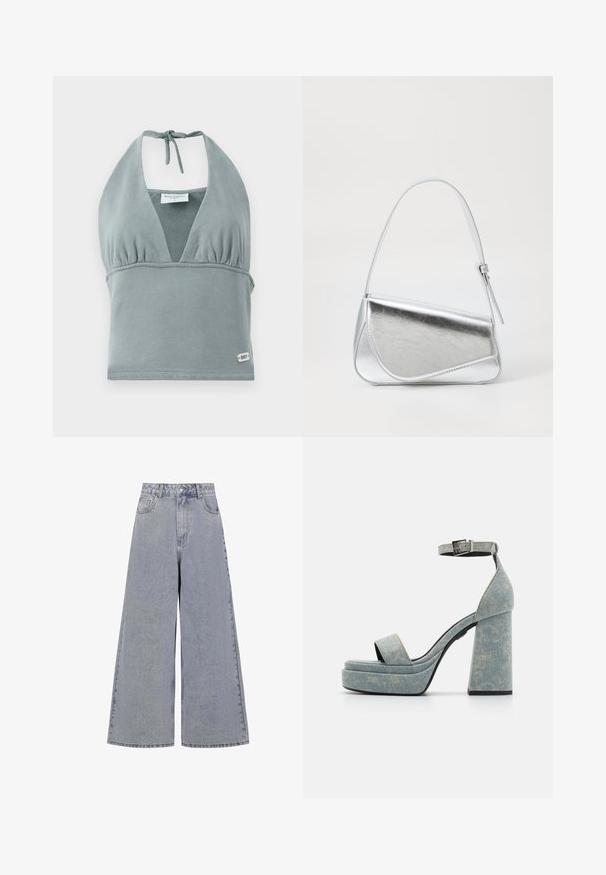 Halter-neck crop top i dæmpet grå, lavet af blødt stof, med en sammensunket buste, mesh-detaljer og et lille logo mærke ved kanten.; Lysblå bredbenede jeans lavet af denim, med høj talje, fire lommer og en klassisk knaplukning med subtil slid.; Denim platform-sandaler med en tyk blokhæl, åben tå og ankelrem med en metalspænde. Lys blå med subtil tekstur.; Sølvmetallic håndtaske med en trekantet form, glat overflade og en tynd, justerbar skulderrem. Har et fold-over design med syninger.