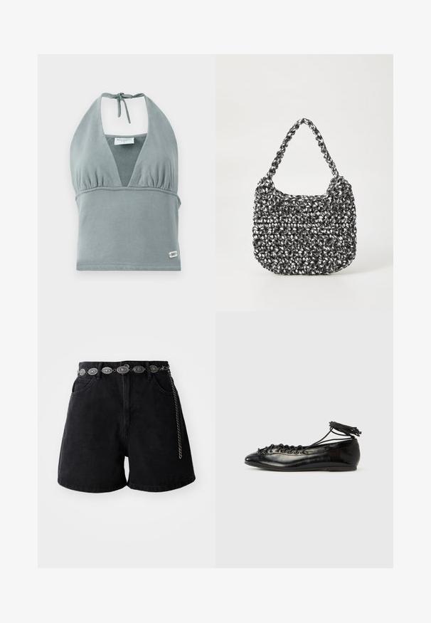 Halter-neck crop top i dæmpet grå, lavet af blødt stof, med en sammensunket buste, mesh-detaljer og et lille logo mærke ved kanten.; Sorte denimshorts med højt liv, forlommer og et dekorativt sølvfarvet kædebælte med ovale detaljer. Glat tekstur.; Sorte balletflade sko i laklæder med rundet tå, snørelukning og flad sål. Glat tekstur med få detaljer.; Vævet håndtaske i sort og hvid med en rund form, tekstureret overflade og et fletet håndtag. Velegnet til afslappet brug.