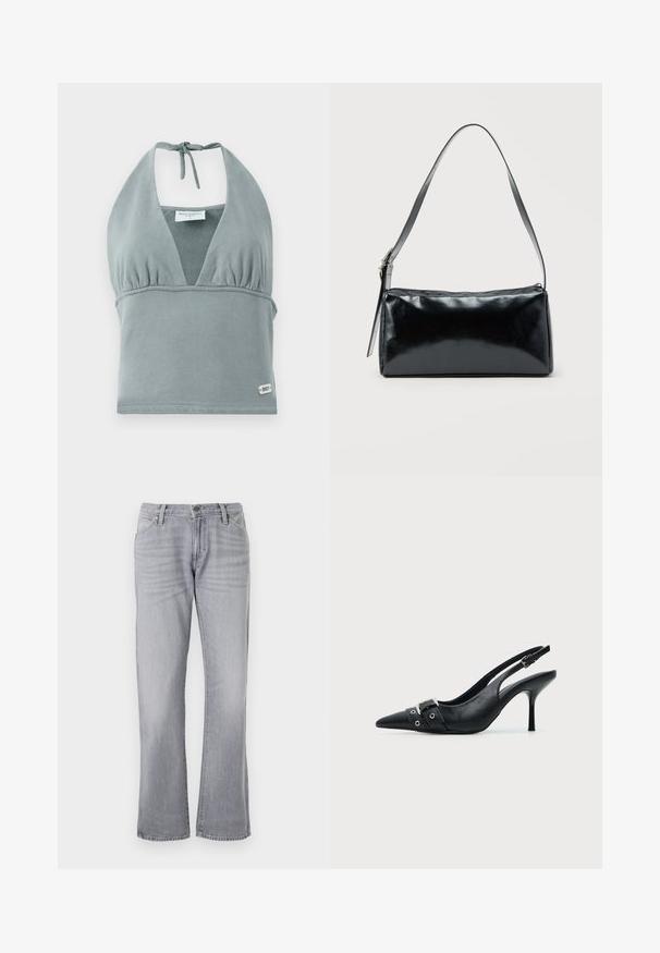Halter krčný crop top v tlmených šedých farbách, vyrobený z mäkkej tkaniny, s naškrobeným dekoltom, sieťkovými detailami a malou logo nášivkou na leme.; Wrangler LOW RISE COWBOY - Džínsy s rovným strihom - haute haze; Čierny kožený vysoký podpätok so špicatou špičkou, slingback so zapínaním na pracku a detailom s očkami vpredu.; Čierna obdĺžniková kabelka na rameno s jedným nastaviteľným remienkom a horným zipsom na jednofarebnom pozadí.