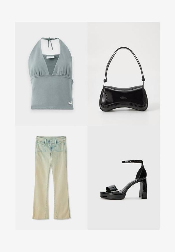 Crop top à col halter en gris doux, fabriqué en tissu doux, avec un bustier froncé, des détails en maille et une petite étiquette logo en bas.; Jean flare en denim bleu clair avec une finition délavée, présentant des passants de ceinture, deux poches avant et deux poches arrière avec des accents de couture.; Buffalo ALICE NEAT - Sandales à talons hauts - black; Sac à main en vernis noir avec une forme courbée, une poignée unique et un fond arrondi. Présente un détail de logo discret à l'avant.