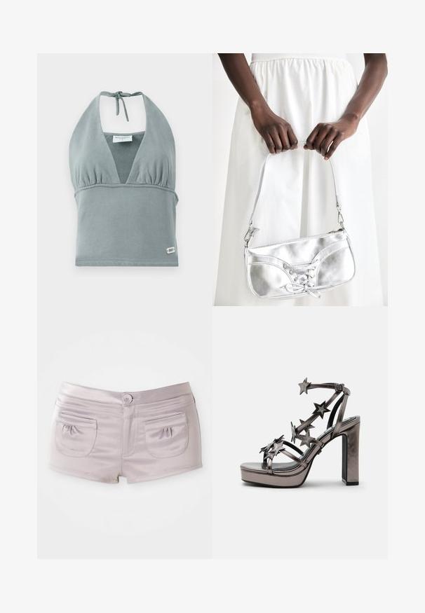 Halternek crop top in gedempt grijs, gemaakt van zachte stof, met een geplooid decolleté, mesh details en een klein logo label aan de onderkant.; Lichtpaarse shorts van gladde, glanzende stof, met twee achterzakken en een sluiting met knoop aan de voorkant, voorzien van een platte tailleband.; Metallic sandalen met hoge hak, plateauzool en meerdere riempjes versierd met stervormige versieringen en een enkelgesp.; Zilveren metalen handtas met vetersluiting, met een strak ontwerp en een korte schouderriem. De tas wordt vastgehouden in de handen, waardoor de textuur goed tot zijn recht komt.