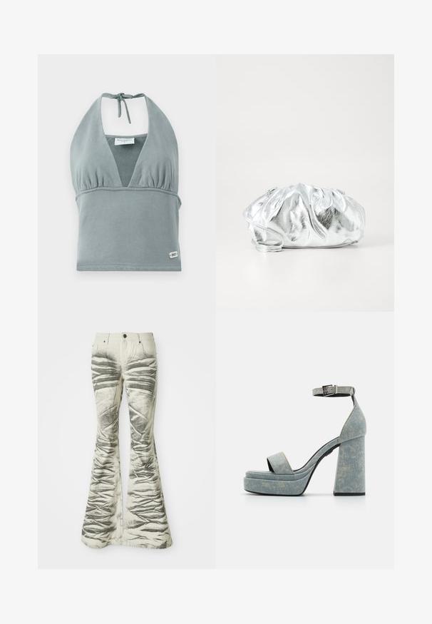 Halter-neck crop top i dæmpet grå, lavet af blødt stof, med en sammensunket buste, mesh-detaljer og et lille logo mærke ved kanten.; Lysfarvede flared jeans med teksturerede sorte vandrette striber og krøllede detaljer, der har forlommer og metalknaplukning.; Denim platform-sandaler med en tyk blokhæl, åben tå og ankelrem med en metalspænde. Lys blå med subtil tekstur.; Metallisk sølv clutch taske med en blød, samlet krop og en tynd skulderrem. Har en glat, skinnende overflade og rund form.