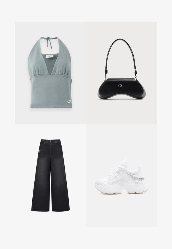 Halter-neck crop top i dæmpet grå, lavet af blødt stof, med en sammensunket buste, mesh-detaljer og et lille logo mærke ved kanten.; Bredde sorte denimbukser med høj talje, der har diskrete syninger og et lille logo på den forreste venstre lomme.; Hvid chunky sneaker med tyk sål, snørelukning foran og kædedetalje med hængende perler på hælen.; Sort skuldertaske i læder med buet bund, sølv oval logo på fronten og tynd justerbar rem mod hvid baggrund.