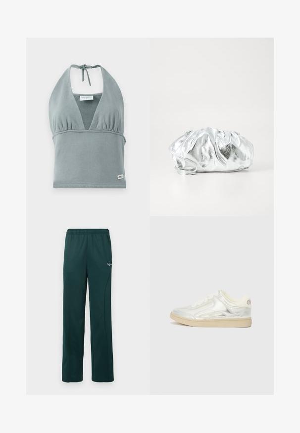 Top corto con cuello halter en gris apagado, hecho de tela suave, con un busto fruncido, detalles de malla y una pequeña etiqueta de logo en el dobladillo.; Pantalones de chándal verde oscuro hechos de una tela suave, con una cintura elástica y costuras laterales, y un pequeño logo en la parte delantera.; Zapatilla baja plateada con un acabado metálico suave, cordones blancos, suela de goma beige y sutiles detalles de costura en los laterales.; Bolso de mano plateado metálico con un cuerpo suave y fruncido y una correa de hombro delgada. Presenta una textura suave y brillante y una forma redondeada.
