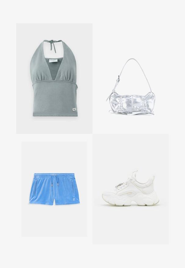 Halternek crop top in gedempt grijs, gemaakt van zachte stof, met een geplooid decolleté, mesh details en een klein logo label aan de onderkant.; Lichtblauwe velours shorts met een elastische tailleband, een trekkoord en twee zijzakken met rits. Bevat een klein geborduurd logo op de dij.; Witte chunky sneakers van leer en mesh-materialen, met een dikke zool, ronde neus en decoratieve veters. Licht gemêleerde accenten.; Zilverkleurige metallic schoudertas met een geplooid ontwerp, verstelbare riem en decoratieve strikdetails op een witte achtergrond.