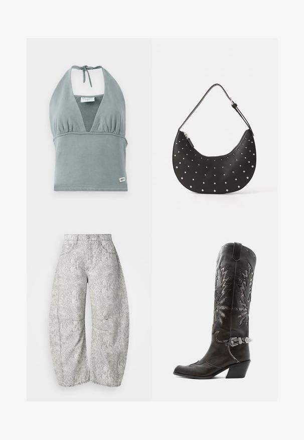 Halternek crop top in gedempt grijs, gemaakt van zachte stof, met een geplooid decolleté, mesh details en een klein logo label aan de onderkant.; Slangenprint wijde jeans in lichtgrijs en roomwit. Denim materiaal, vijf-pocket ontwerp met zichtbare stiksels en een knoopsluiting.; Zwarte leren cowboylaars met decoratieve uitsnijdingen, zilveren gesp en schuine hak, weergegeven op een witte achtergrond.; Zwarte leren handtas met een gebogen vorm, versierd met zilveren studs, voorzien van een ritssluiting en een enkele verstelbare schouderband.