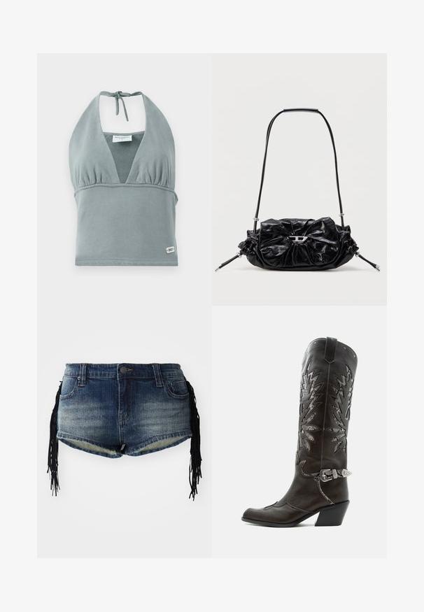 Köitkeelne lühike topp mahedas hallis värvitoonis, pehmest kangast, millel on volditud rinnus, silmadega detailid ning väike logo silt hemus.; Hallide denim lühikesed püksid gradient sinises pesus, fraktsioneerimisega alumine äär ja mustad äärised külgedel, esi-taskud ja vöökoht.; Mustast nahast kameelisaap kaunistavate lõigetega, hõbedase pandla ja kaldu kannaosaga, valgel taustal.; Mustast nahast käekott, millel on kokku kogutud disain ja ees lipsukaunistus. Varustatud lühikese sangaga ja hõbedaste metalldetailidega.