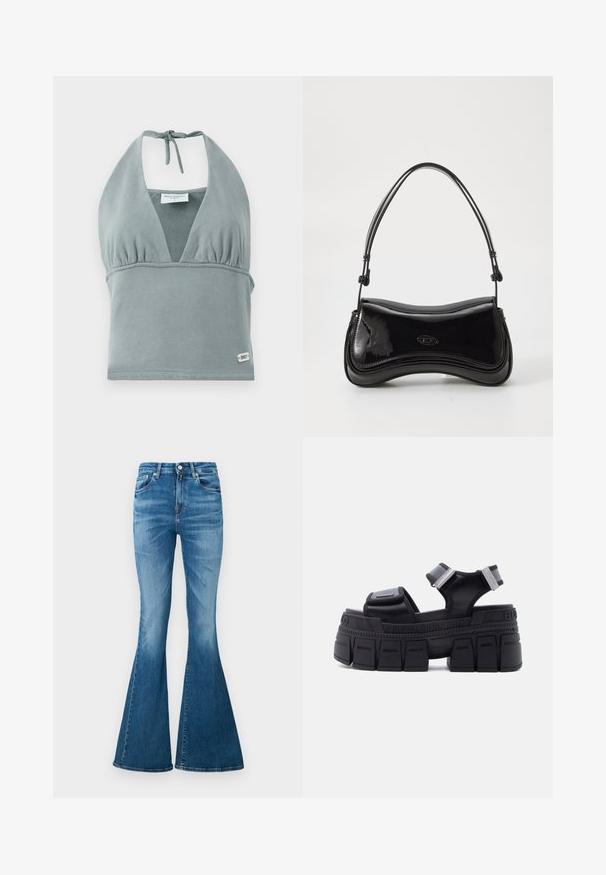 Halter-neck crop top i dæmpet grå, lavet af blødt stof, med en sammensunket buste, mesh-detaljer og et lille logo mærke ved kanten.; Udsvingede jeans lavet af middelvægt denim, med høj talje, lys blå farve, subtil falmning og klassisk fem-lomme design.; Sort platform-sandal med tyk sål, justerbare Velcro-remme og "Buffalo"-branding langs mellemsålen og hælen.; Sort patentlæder håndtaske med en buet form, et enkelt håndtag og en rund bund. Har en subtil logo-detalje på forsiden.